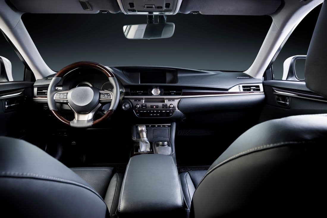 Car interior dashboard and steering wheel